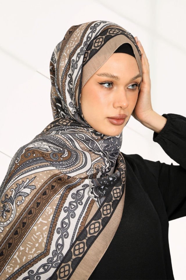 Retro Etnik Desen Cotton Soft Şal Serisi - New Collection - Vizon - Kahve