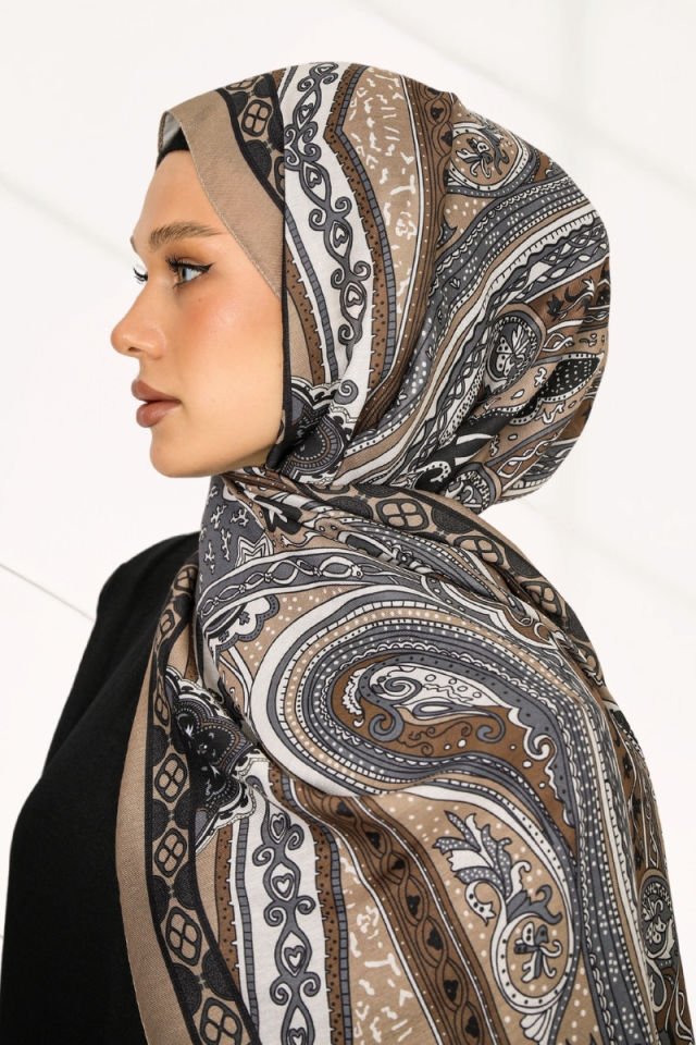 Retro Etnik Desen Cotton Soft Şal Serisi - New Collection - Vizon - Kahve