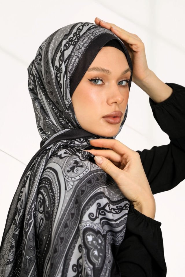 Retro Etnik Desen Cotton Soft Şal Serisi - New Collection - Siyah - Gri