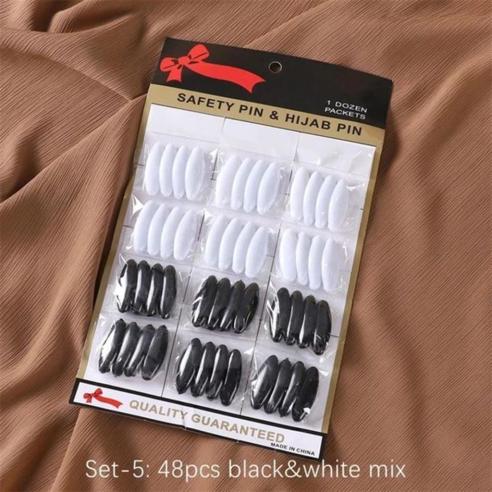 Eşarp Şal İğnesi 48 Adet Scarf & Shawl Pin 10 Pcs Hijab Pin Safety Pin - Siyah Beyaz