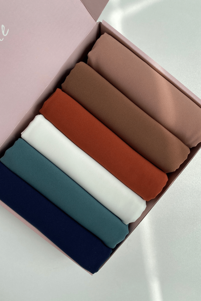 İthal Medine İpeği Şal 6'lı Set - Lacivert - K. Mint - Krem - Taba - Cappucino - Soft 